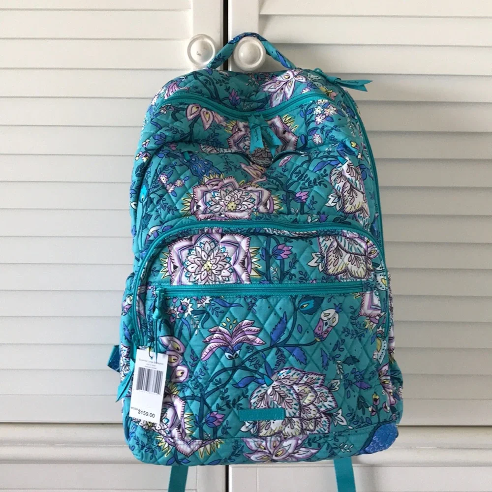 Vera Bradley LARGE Essential BACKPACK NWT PEACOCK GARDEN XL Blue Green Travel - Picture 1 of 8